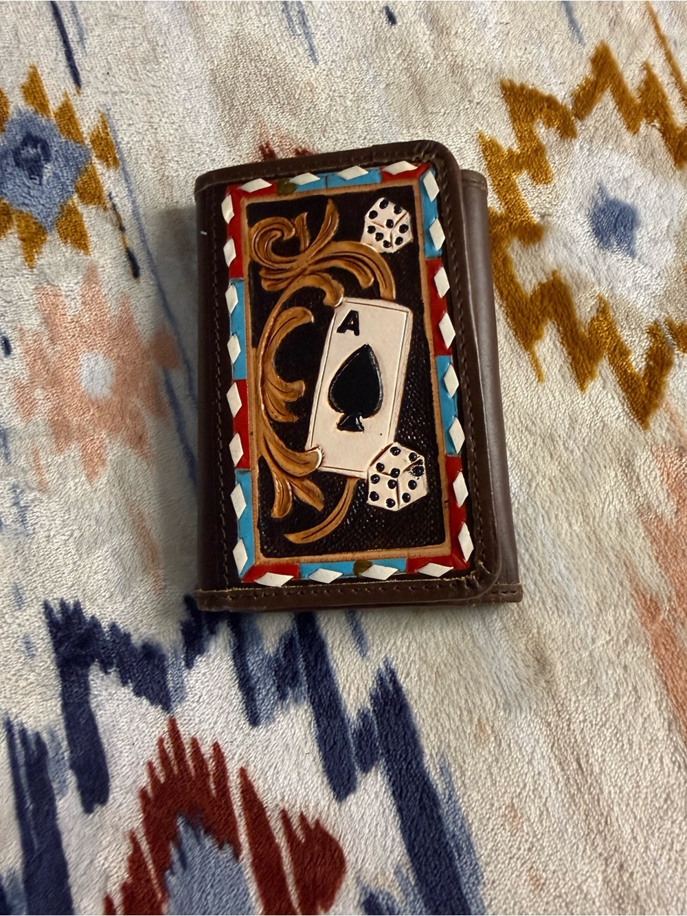 Vintage Leather Ace of Spades Card Wallet - Brown with Multicolor Inlay